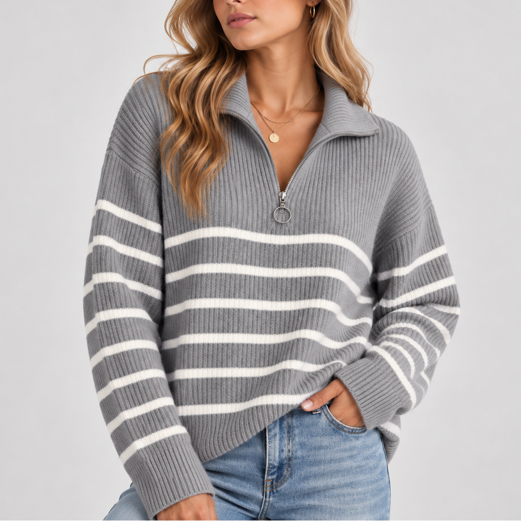 Women's Striped Quarter Zip Knit Sweater – Cozy Relaxed Fit Pullover-CLAYRY