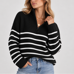 Women's Striped Quarter Zip Knit Sweater – Cozy Relaxed Fit Pullover-CLAYRY