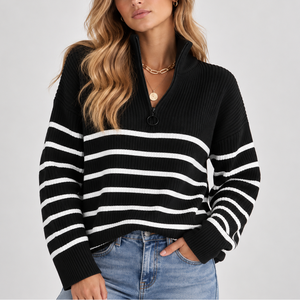Women's Striped Quarter Zip Knit Sweater – Cozy Relaxed Fit Pullover-CLAYRY