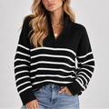 Women's Striped Quarter Zip Knit Sweater – Cozy Relaxed Fit Pullover-CLAYRY